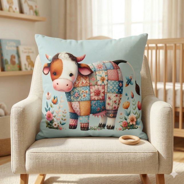 Nyckfull lappverksko med blomsterdekorationer kudde (Whimsical Patchwork Cow With Floral Accents Throw Pillow Mockup A)