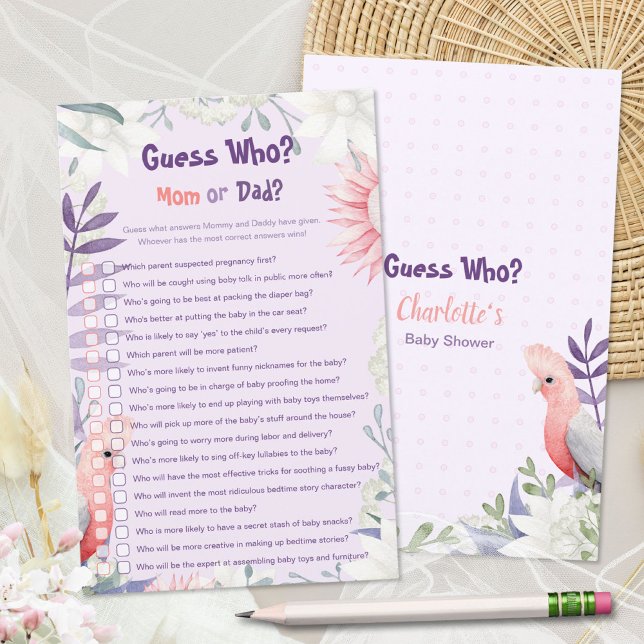 Nyckfull Lavendel Blommig Fågel Bebis Boweri Spel (Enchanted Lavender Mom or Dad Baby Shower Game ©Susanne Sachers - Sunny Mind 🌞)