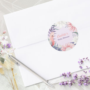 Nyckfull Lavendel Blommig Fågel Bebis Shower Runt Klistermärke