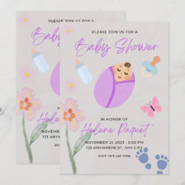 Nyckfull Lavendel Vattenfärg Baby Shower Inbjudan