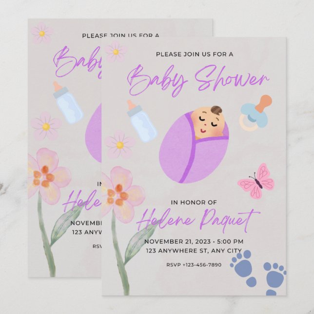 Nyckfull Lavendel Vattenfärg Baby Shower Inbjudan (Fram/baksida)