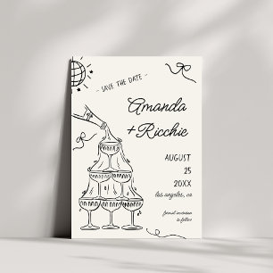 Nyckfull Lekfull Champagnetorn Doodle Bröllop Spara Datumet