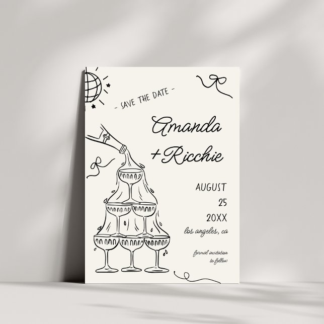 Nyckfull Lekfull Champagnetorn Doodle Bröllop Spara Datumet (Skapare uppladdad)