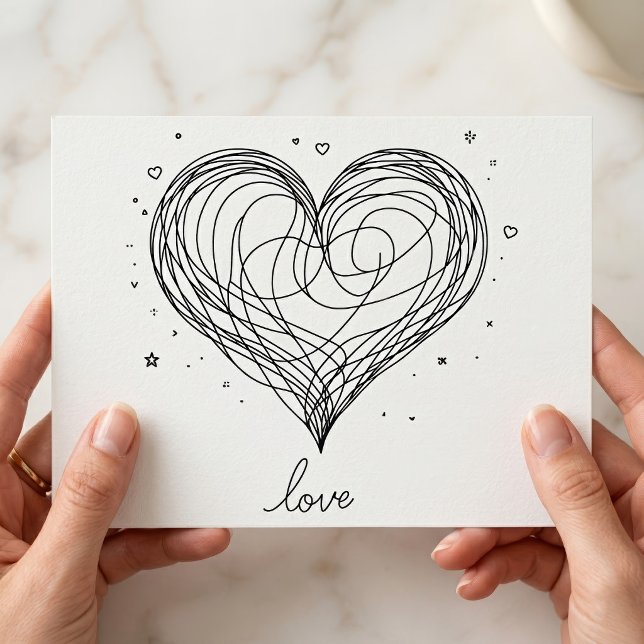 Nyckfull Linjekonst Hjärtan med Kärleksdesign Vykort (Whimsical Line Art Heart with Love Design. Postcard)