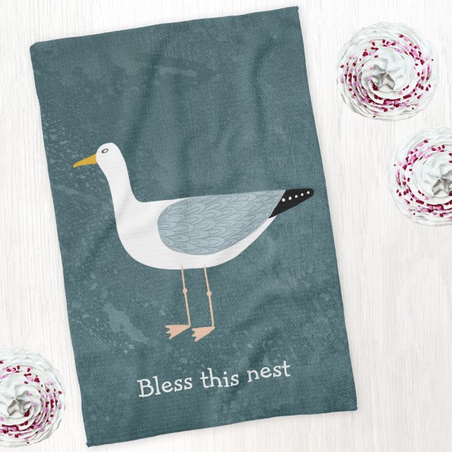 Nyckfull Måsgök Marin Kustnära Kökshandduk (Seagull Bless this Nest custom text kitchen tea towel)