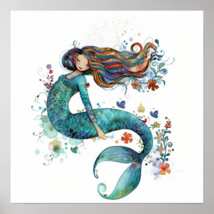 Nyckfull Mermaidkonsttryck i akvarell Poster