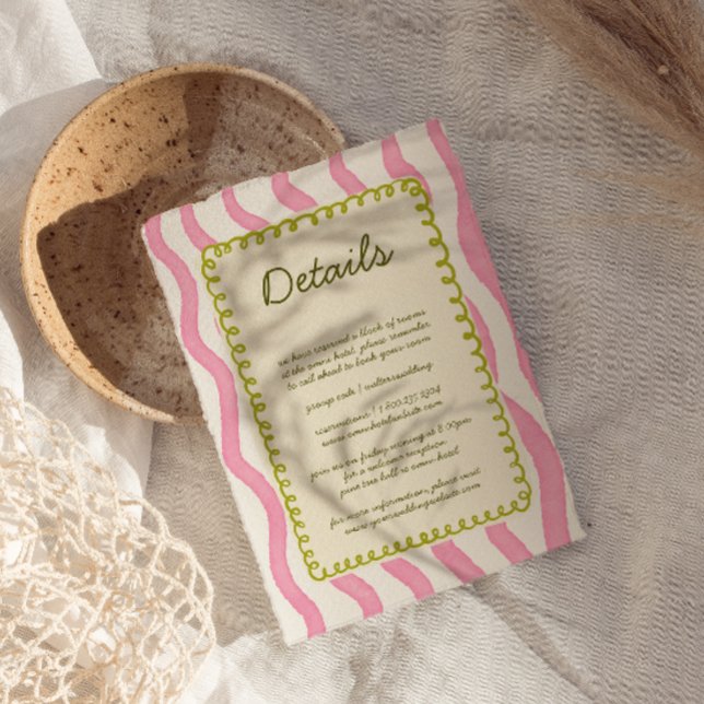 Nyckfull modern rosa och grön bröllopsdetaljkort tilläggskort (Skapare uppladdad)