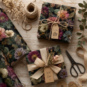 Nyckfull Mörk Dyster Boho Blommig Rosa och Grön Presentpapper