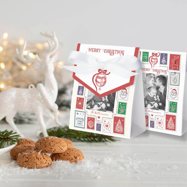 Nyckfull Nostalgi Retro Frimärke Jul Foto Presentaskar (Whimsical Nostalgia Retro Stamp Christmas Party Events Small Business Photo Favor Boxes )