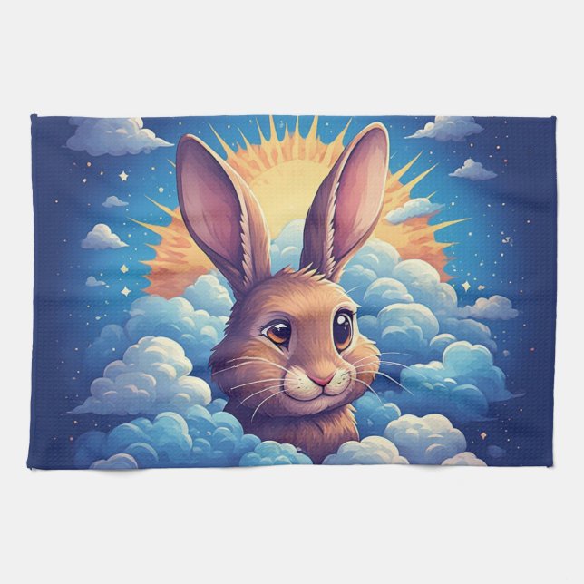 Nyckfull påskhare i moln 🐰☁️ Mjuk pastell Kökshandduk (Horisontell)