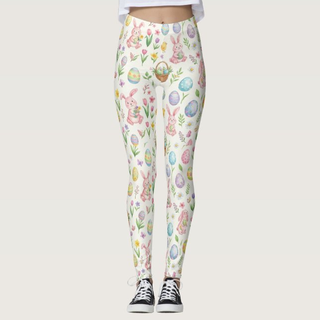 Nyckfull Påskhare i Pastell & Blommönster Leggings (Framsida)