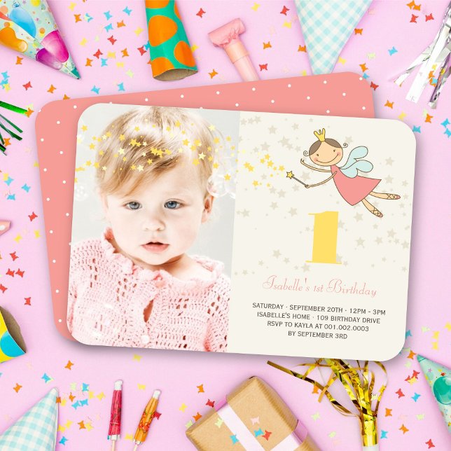 Nyckfull prinsess i sagoland flicka 1-års födelsed inbjudningar (Whimsical Pink Magical Fairy Princess Girl's 1st Birthday Party Photo Invitation @ fat_fa_tin)