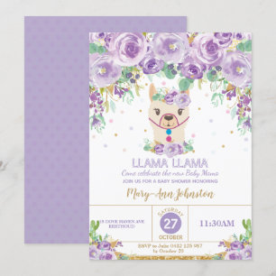 Nyckfull purpurfärgad blom- Llamamammababy shower Inbjudningar