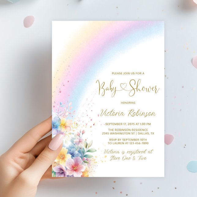Nyckfull regnbågstema för baby shower i pastelljus inbjudningar (Watercolor rainbow and flowers rainbow baby shower invitation. Simply add your event details.)