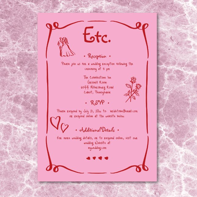 Nyckfull Retro Handritad Rosa Röd Bröllopsdetalj Tilläggskort (Whimsical Retro Hand Drawn Pink Red Wedding Detail Enclosure Card)