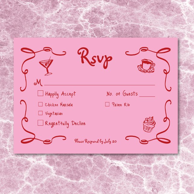 Nyckfull Retro Handritad Rosa Röd Bröllopsmiddag OSA Kort (Whimsical Retro Hand Drawn Pink Red Wedding Dinner RSVP Card)