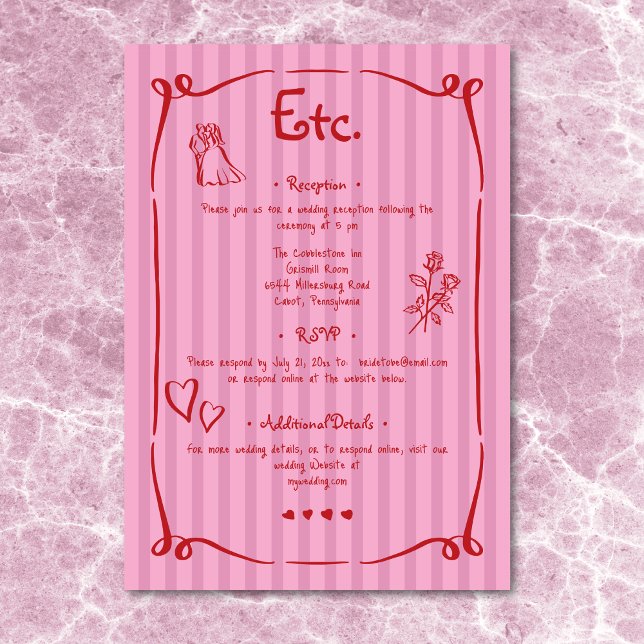 Nyckfull Retro Handritad Rosa Röd Randig Bröllop Tilläggskort (Whimsical Retro Hand Drawn Pink Red Stripe Wedding Enclosure Card)