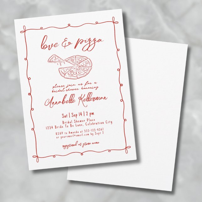 Nyckfull Röd Kärlekspizza Handritad Bröllopsdusch Inbjudningar (Whimsical Red Love Pizza Hand Drawn Bridal Shower Invitation)