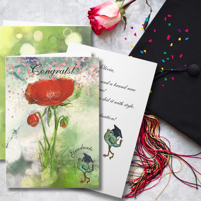 Nyckfull röd vallmoblommig examenskort för dotter kort (Whimsical Red Poppy Graduation Card for Daughter )