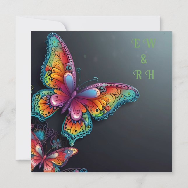 Nyckfull romantisk fjärilbröllopsinbjudan spara datumet (Baksida)