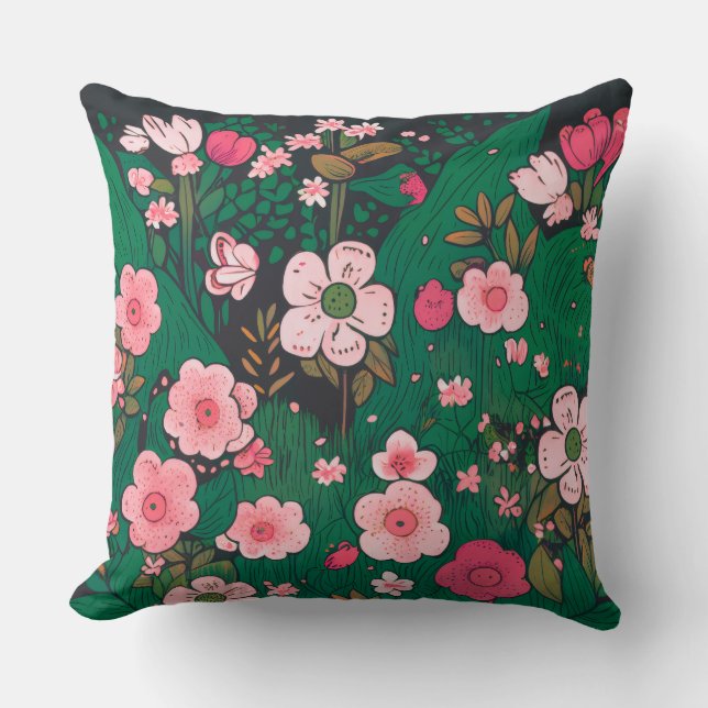 Nyckfull Rosa Blommig Trädgård Kastkudde Kudde (Framsida)