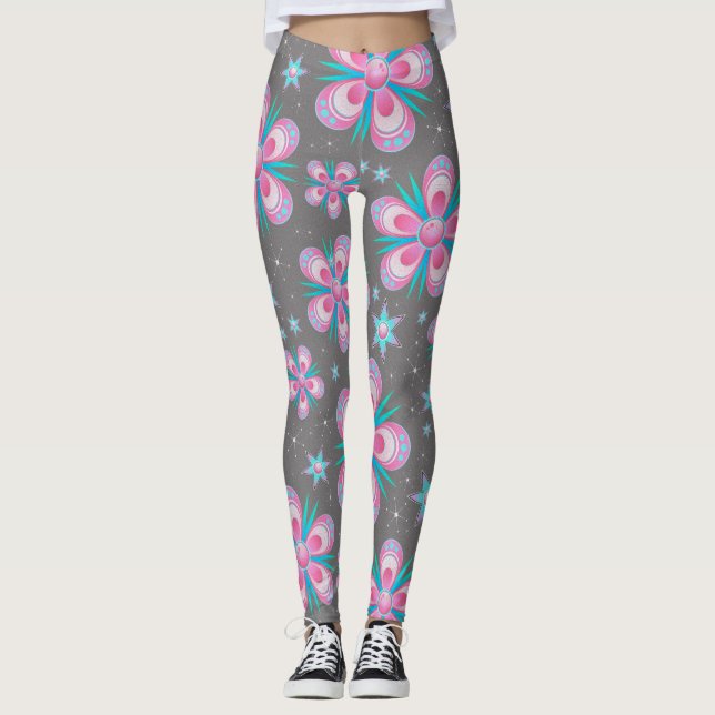 Nyckfull rosa damasker för blommastrukturYoga Leggings (Framsida)