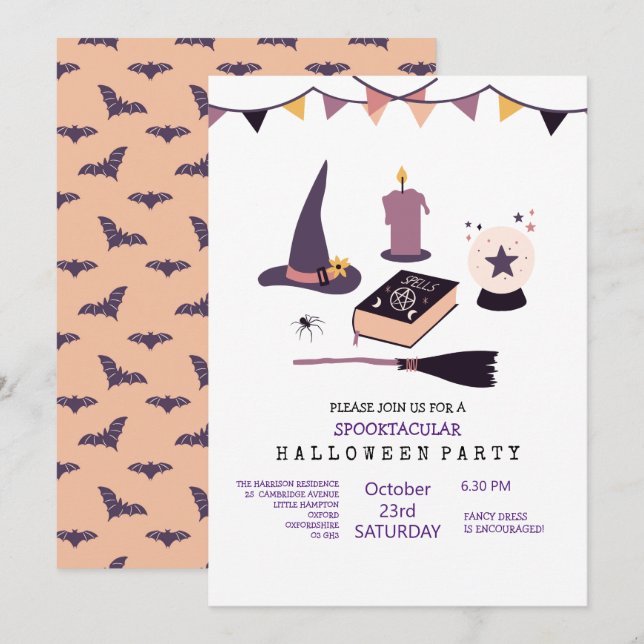 Nyckfull rosa häxa tema inbjudningar (Fram/baksida)