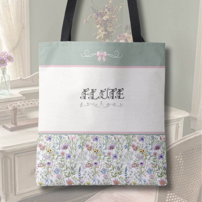 Nyckfull Rosa och Grön Botanisk Flöjt Handväskor Tygkasse (Whimsical Flute Tote Bag | Pink Floral & Sage Green Botanical Aesthetic Music Gift)