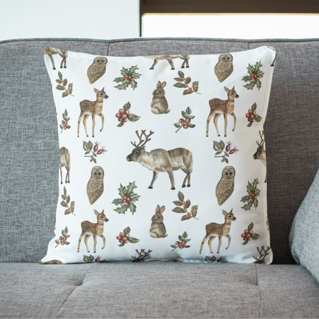 Nyckfull Skogsdjur Grönskande Mönster Kudde (Whimsical Woodland Forest Animals Greenery Pattern Pillow)