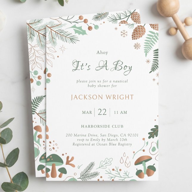 Nyckfull Skogsgrönska och Svamp Pojke Inbjudningar (Whimsical Woodland Greenery and Mushrooms Boy Invitation)