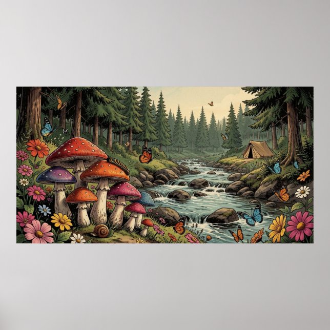 Nyckfull Skogsström med Svampar, Fjärilar Poster (Framsidan)