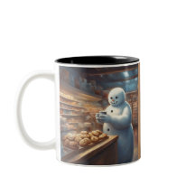 nyckfull snöman dricker kakao i mataffär