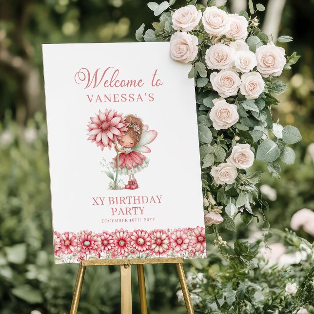 Nyckfull Söt Fe-blush Rosa 1-års Födelsedag Poster (Whimsical Cute Fairy Blush Pink 1st Birthday Welcome Sign)