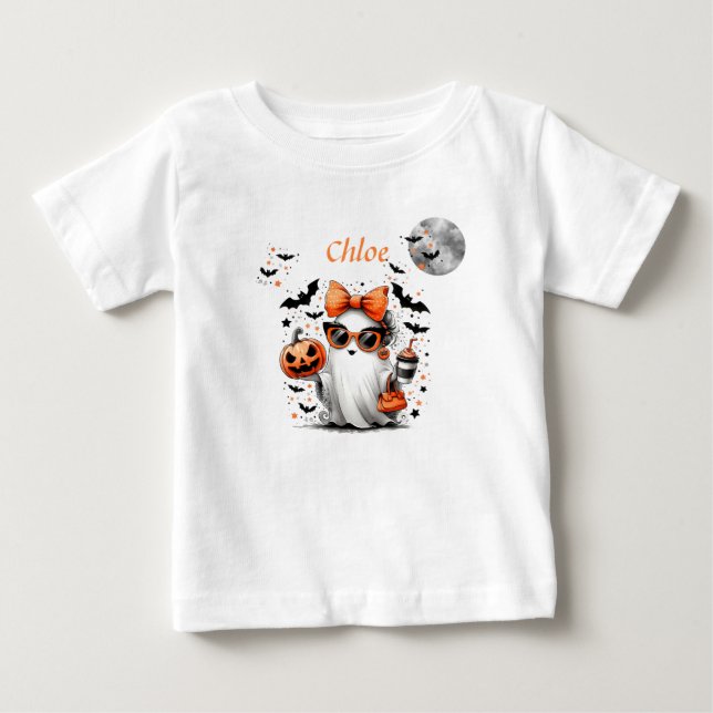 Nyckfull spökhäxa som cyklar på cykel t shirt (Framsida)