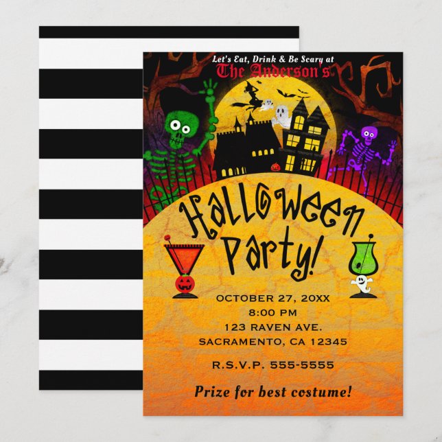 Nyckfull Spökhus Skelett Halloweenfest Inbjudningar (Fram/baksida)