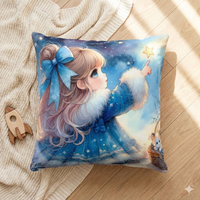 Nyckfull Stjärnskådande Flicka i Akvarell Kudde (Whimsical Star Gazer Girl Watercolor Throw Pillow Mockup A)