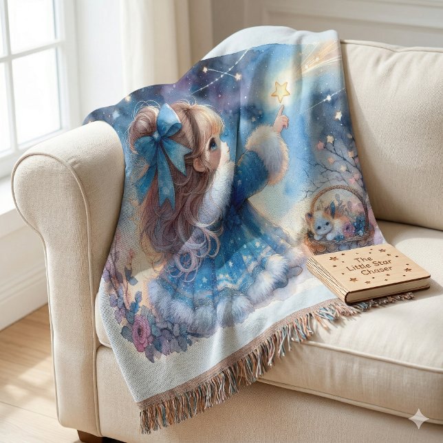 Nyckfull Stjärnskådande Flicka i Vattenfärg Filt (Whimsical Star Gazer Girl Watercolor Throw Blanket)