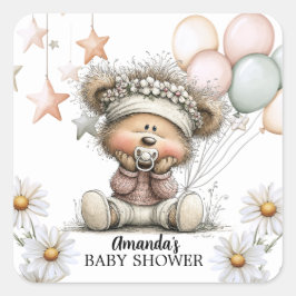 Nyckfull Teddybjörn Baby Shower Inbjudan Fyrkantigt Klistermärke