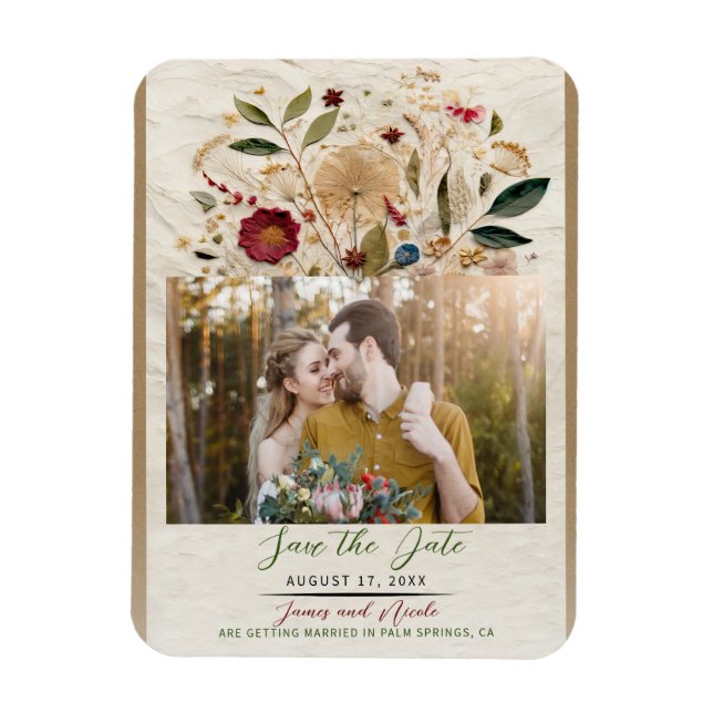 Nyckfull trädgård pressade blommor bohemisk bröllo magnet (Vertikal)