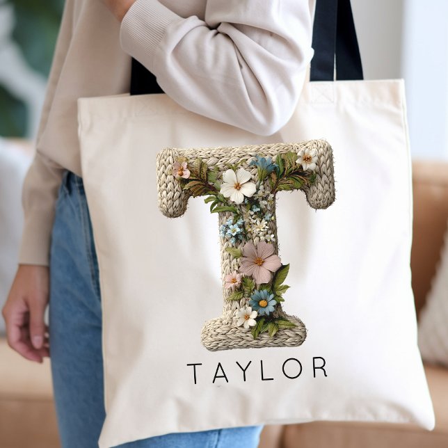 Nyckfull Trädgårdsmonogram Mamma Mormor Faster Anp Tygkasse (Elegant Script Initial Floral Tote for Graduation | Custom Name Flower Monogram Tote for Friends)