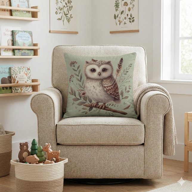 Nyckfull Trädoillustration av Ugglor och Botanik Kudde (Whimsical Woodland Owl Botanical Illustration Throw Pillow Mockup A)