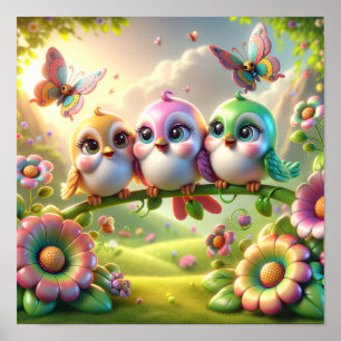 Nyckfull Trio av Vårens Sångfåglar Poster