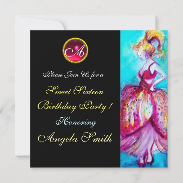 NYCKFULL UNG FLICKA SÖT 16 FEST GEM MONOGRAM INBJUDNINGAR (Framsida)