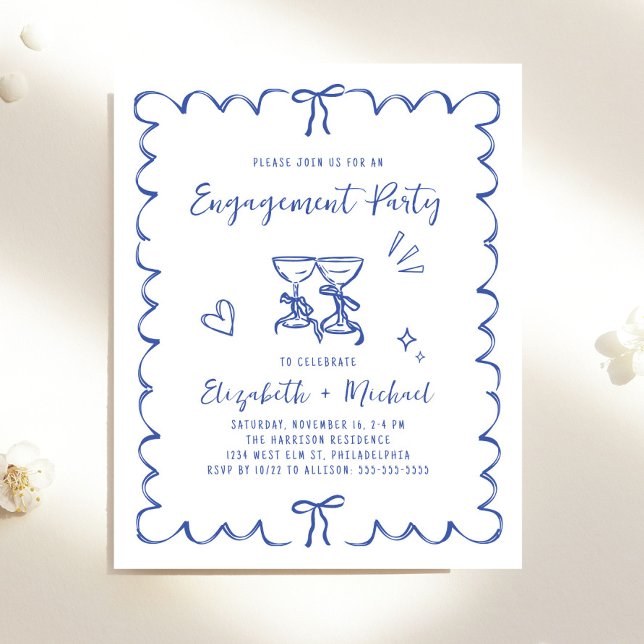 Nyckfull Vågig Ram Bröllopsförlovningsfest Inbjuda (Whimsical Wavy Frame Engagement Party Invitation)