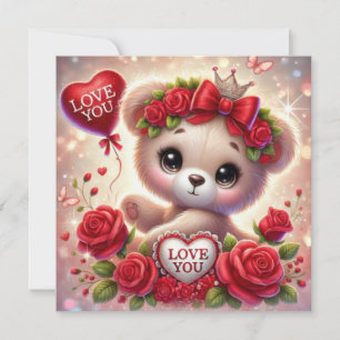 Nyckfull valentinsdag nallebjörn med rött hjärta julkort