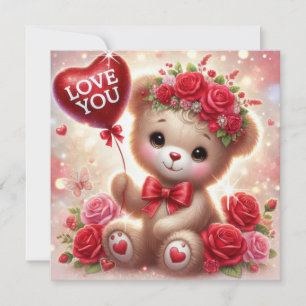 Nyckfull valentinskramgo teddybjörn med rött hjärt julkort