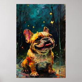 Nyckfull valp av fransk bulldogg som tittar på stj poster