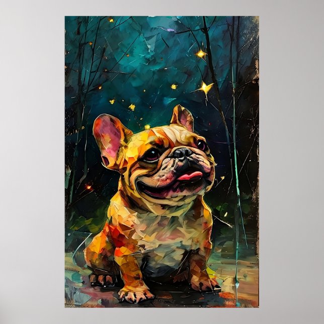 Nyckfull valp av fransk bulldogg som tittar på stj poster (Framsidan)