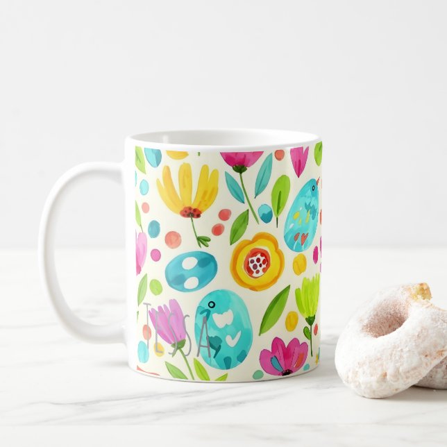Nyckfull vår sångfågel och blomsterkonst i folklig kaffemugg (Med munk)