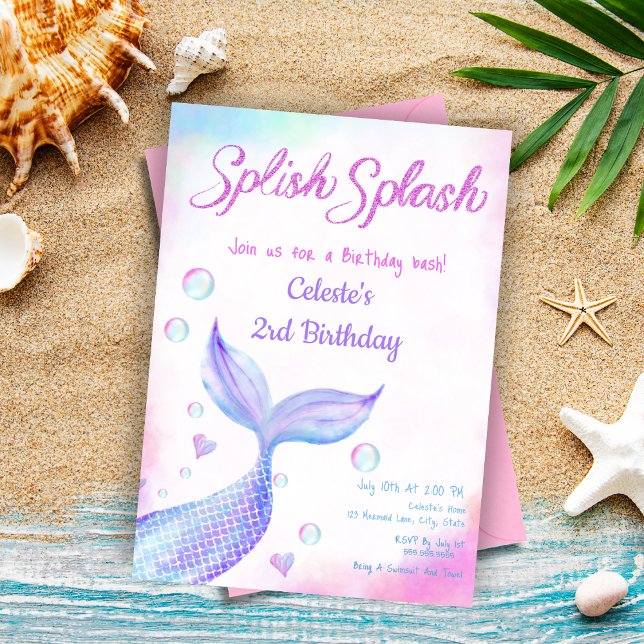 Nyckfull Vattenfärg Siren Plask Glitter Inbjudningar (Create mer-mazing memories with our customizable 'Splish Splash' invitation!)